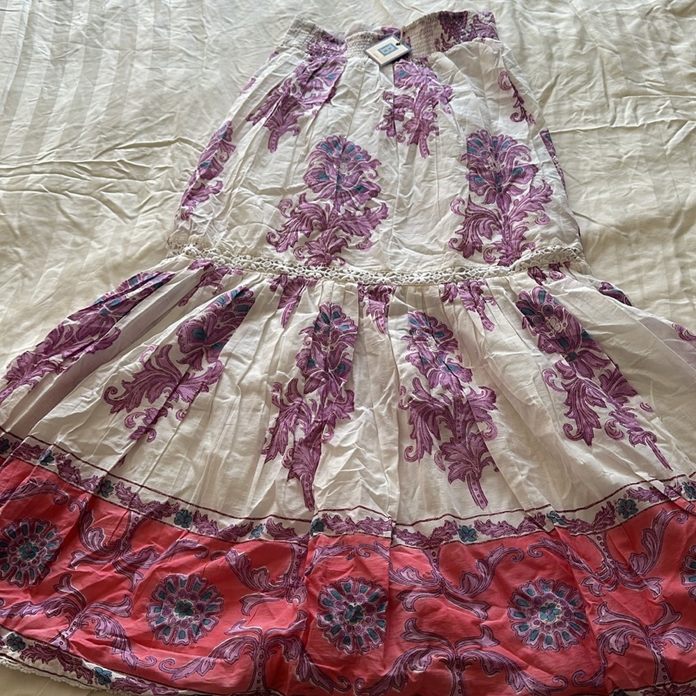 Boho Tiered Maxi Skirt in White with Purple Floral and Coral Border - Picture 5 of 15
